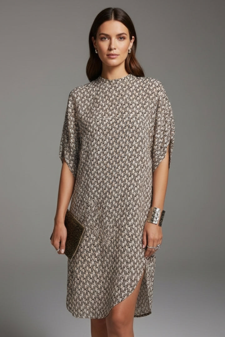 Women's Knee-Length Dress with Half-Sleeve Print and Slit Detail