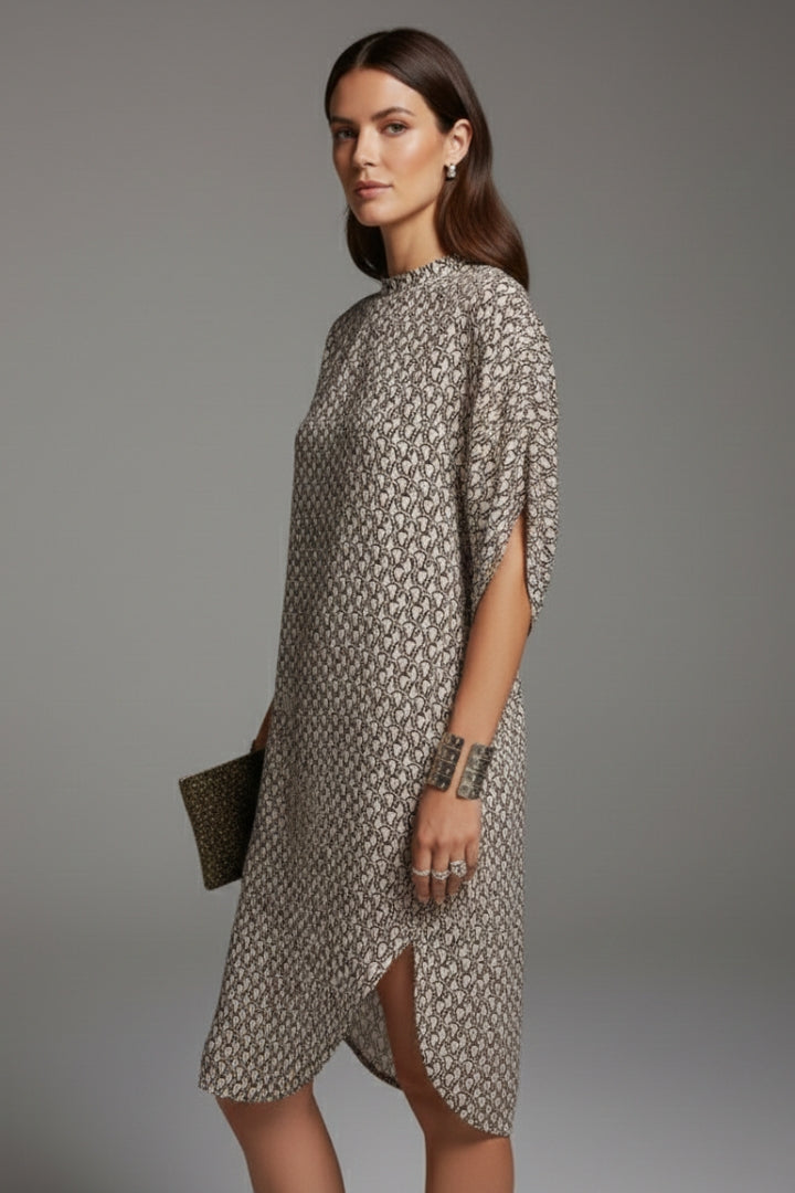 Women's Knee-Length Dress with Half-Sleeve Print and Slit Detail