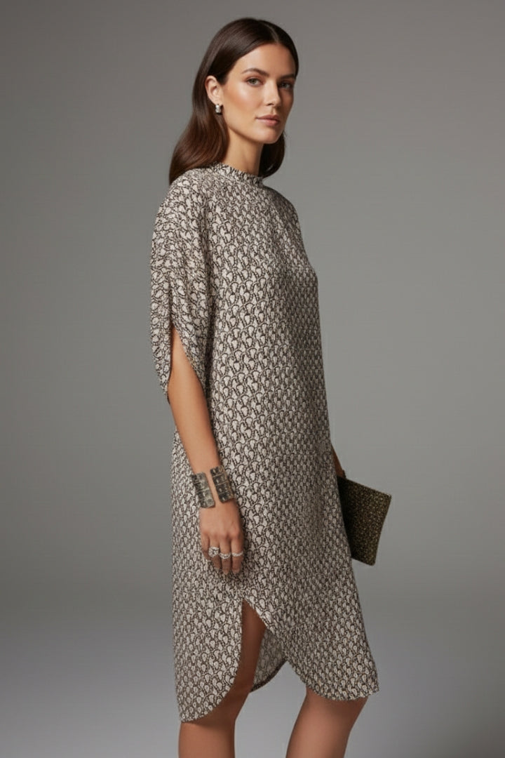 Women's Knee-Length Dress with Half-Sleeve Print and Slit Detail