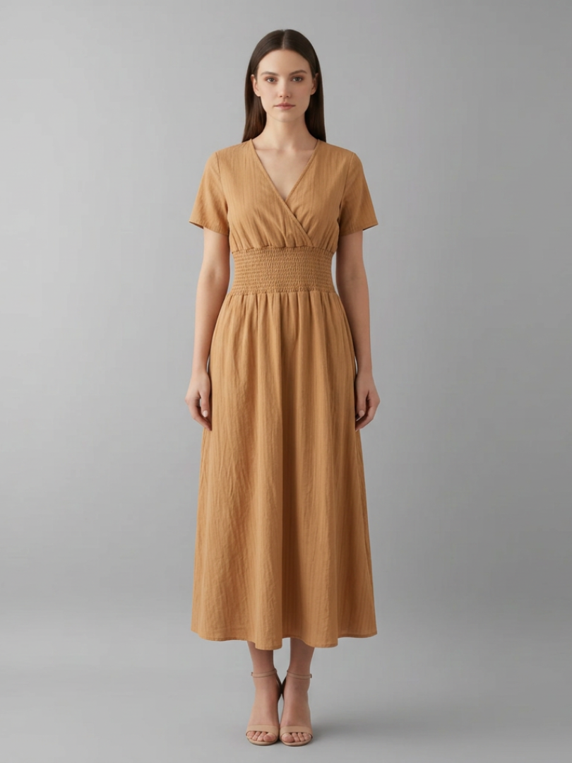 Women's Knee-Length Pleated Dress with High Waist and V-Neck