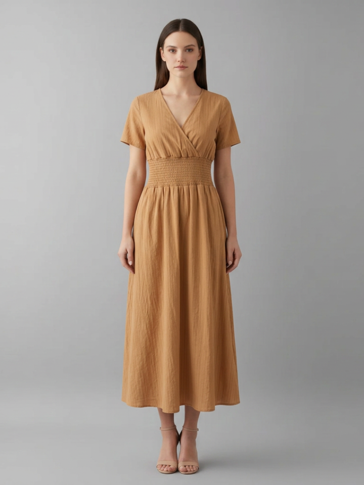 Women's Knee-Length Pleated Dress with High Waist and V-Neck
