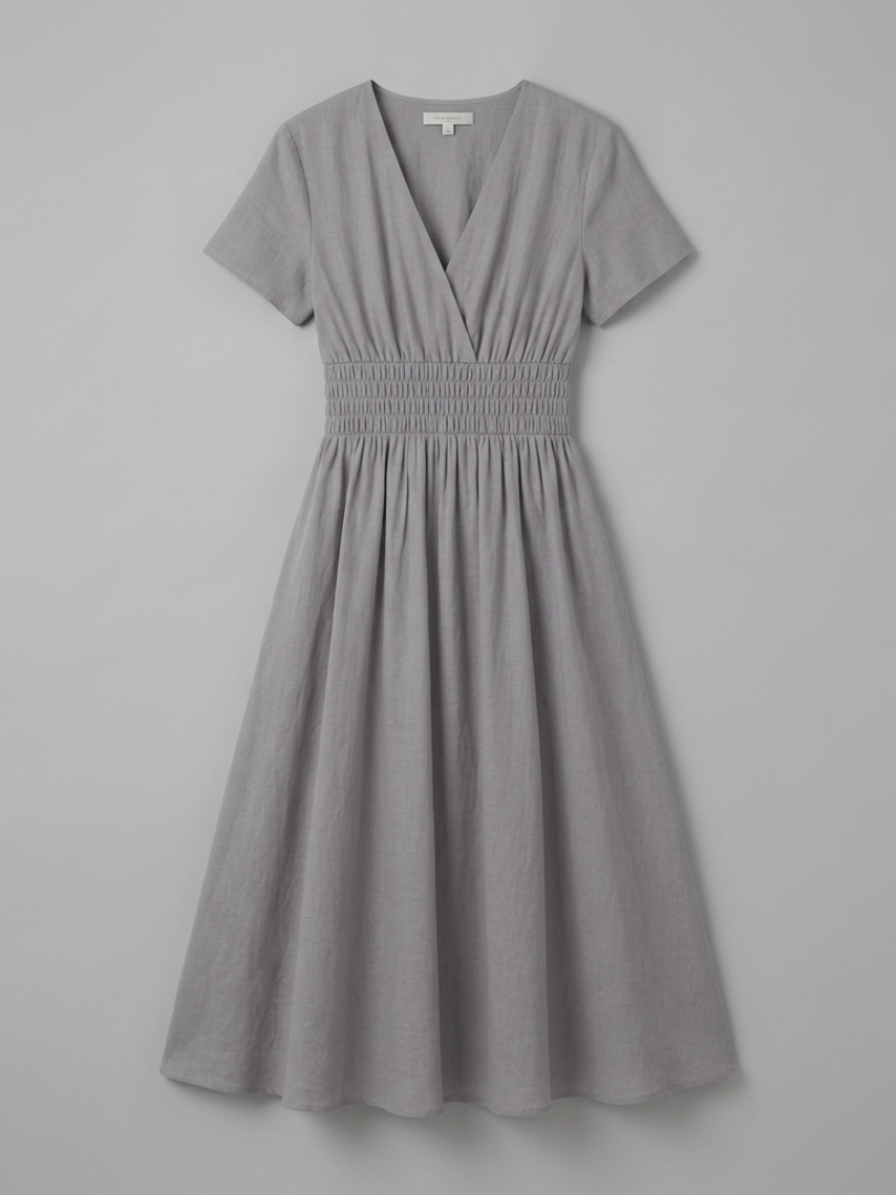 Women's Knee-Length Pleated Dress with High Waist and V-Neck