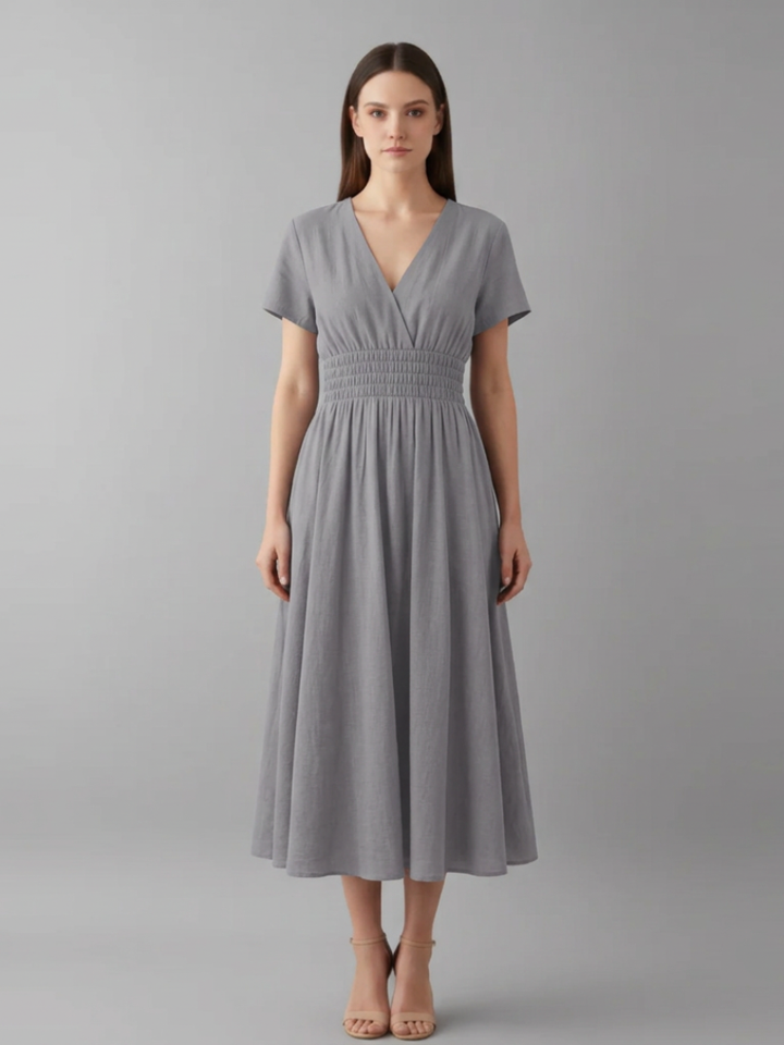 Women's Knee-Length Pleated Dress with High Waist and V-Neck