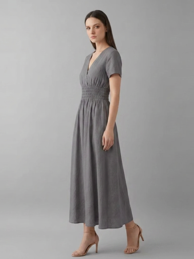 Women's Knee-Length Pleated Dress with High Waist and V-Neck