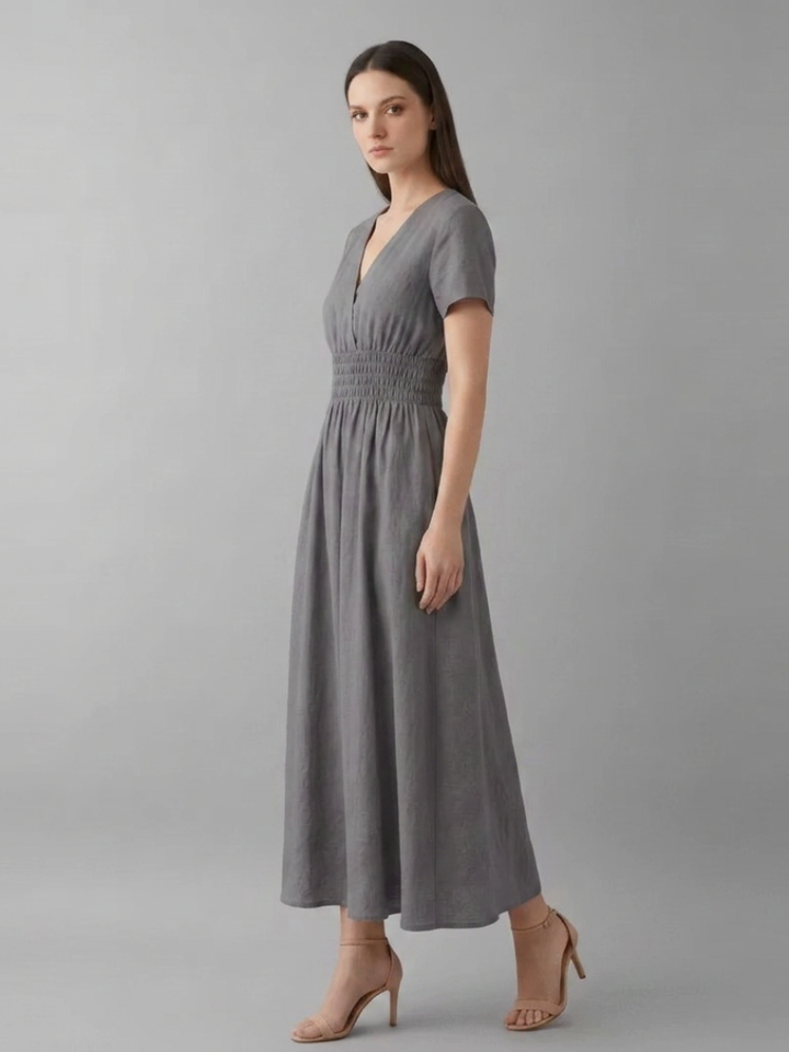 Women's Knee-Length Pleated Dress with High Waist and V-Neck