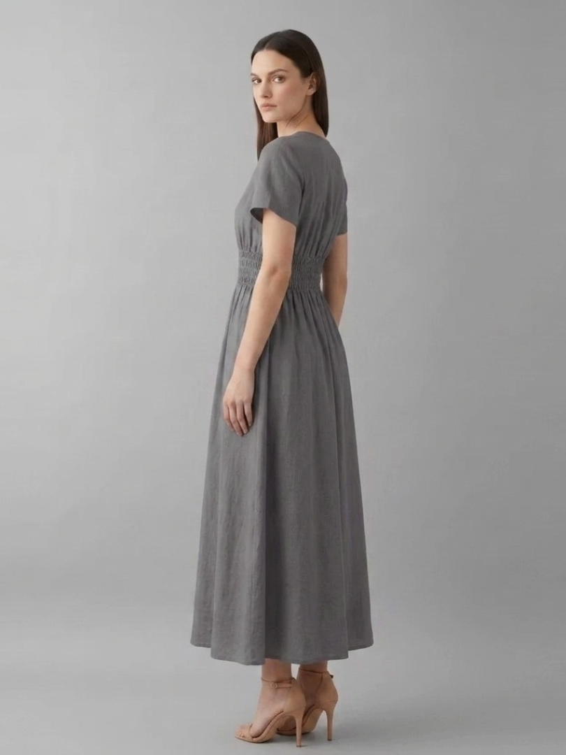 Women's Knee-Length Pleated Dress with High Waist and V-Neck