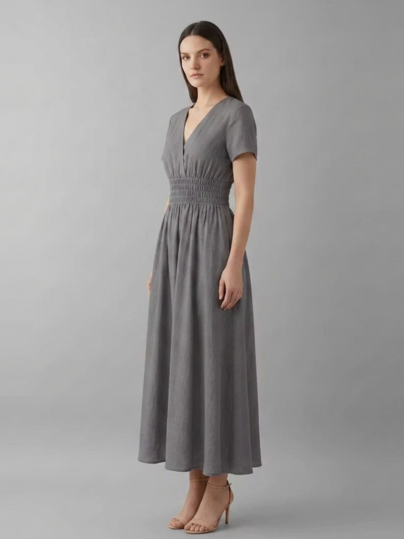 Women's Knee-Length Pleated Dress with High Waist and V-Neck