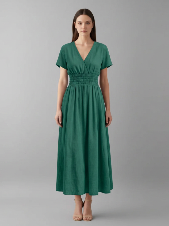 Women's Knee-Length Pleated Dress with High Waist and V-Neck