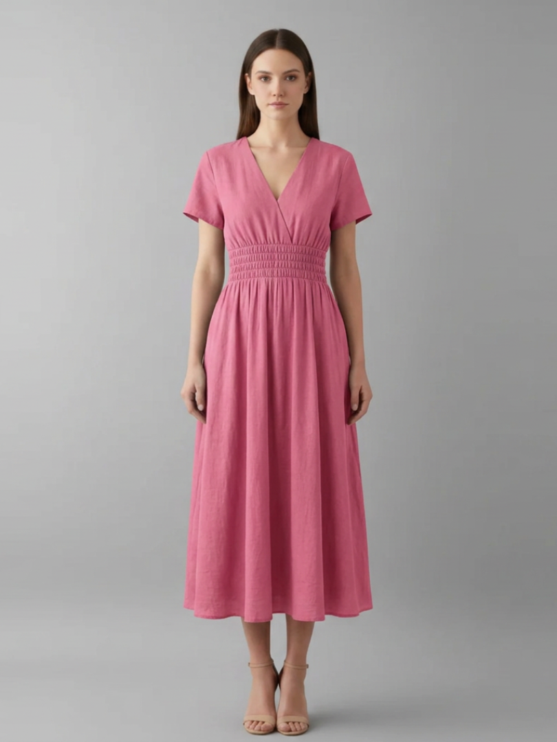 Women's Knee-Length Pleated Dress with High Waist and V-Neck
