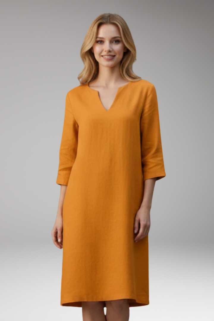 Women's Knee Length Dress with V Neck and Plain Surface