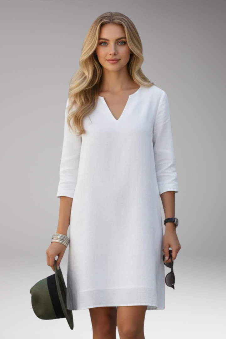 Women's Knee Length Dress with V Neck and Plain Surface