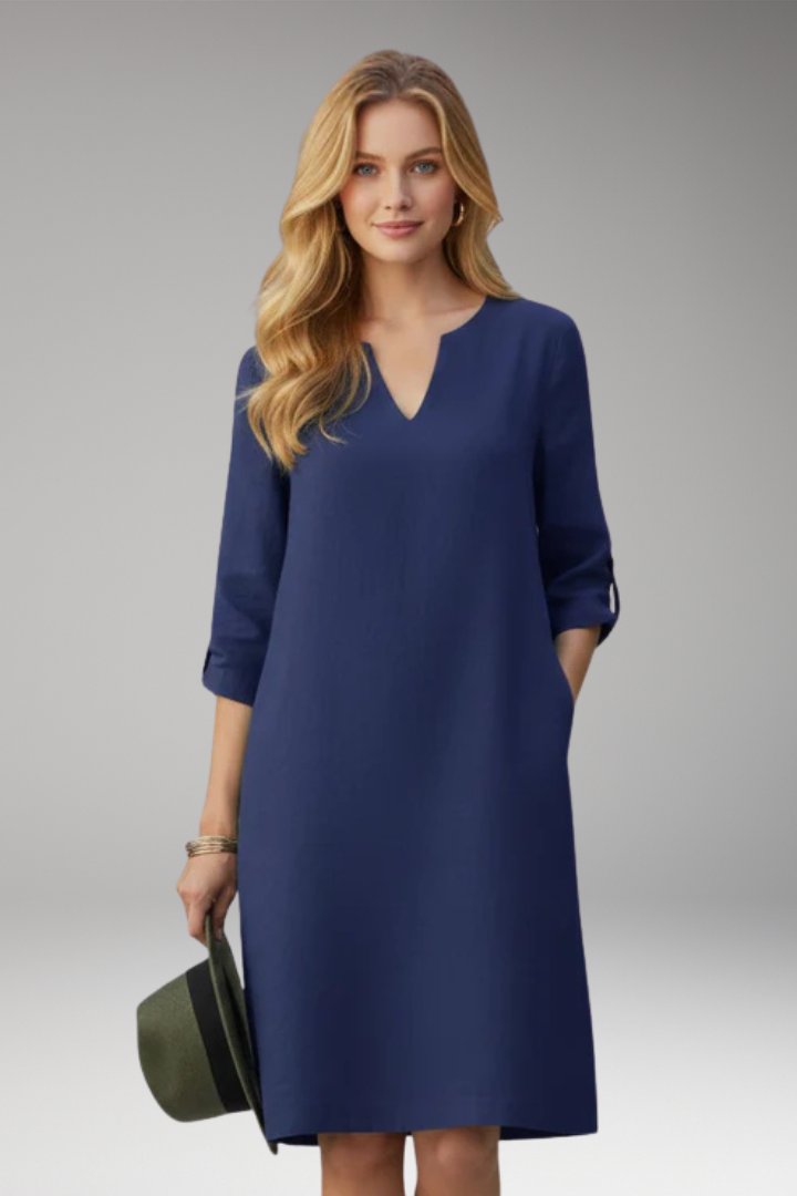 Women's Knee Length Dress with V Neck and Plain Surface