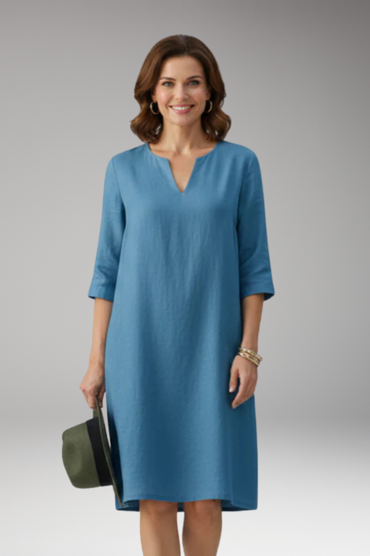 Women's Knee Length Dress with V Neck and Plain Surface