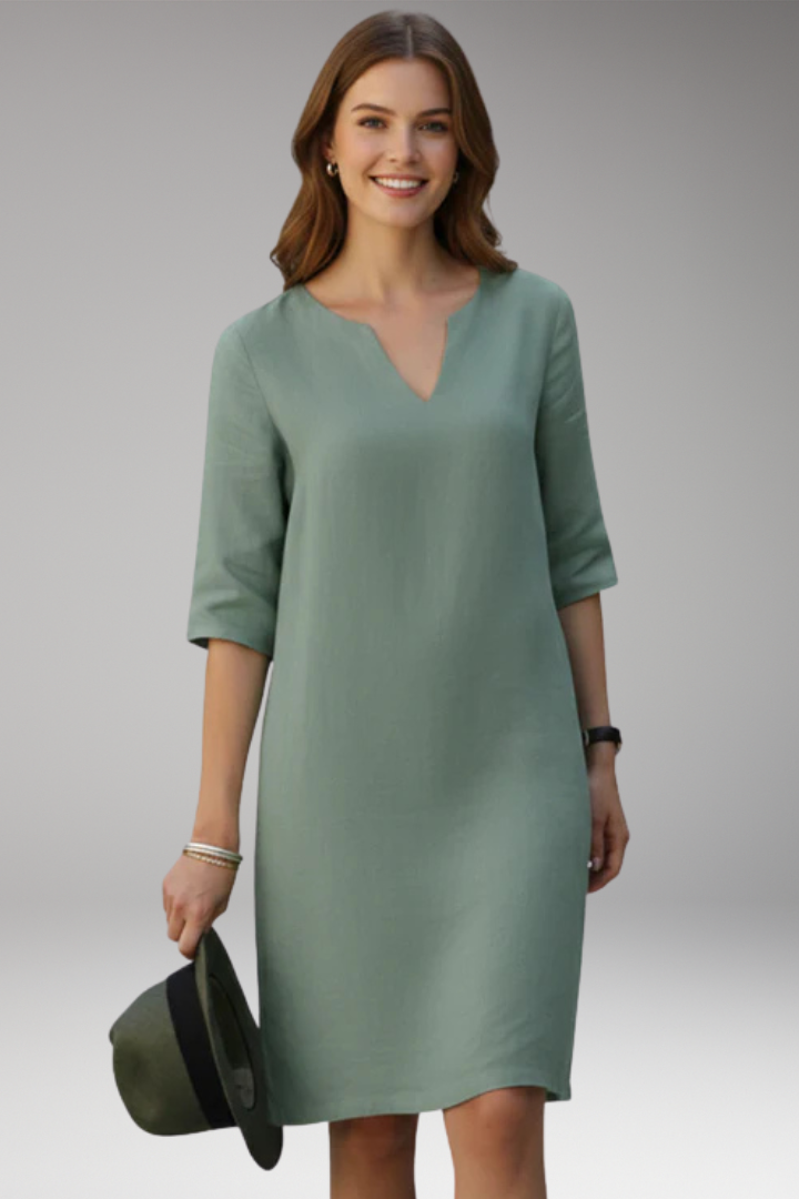 Women's Knee Length Dress with V Neck and Plain Surface