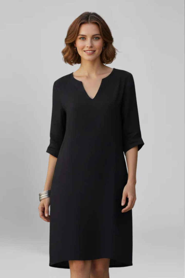 Women's Knee Length Dress with V Neck and Plain Surface