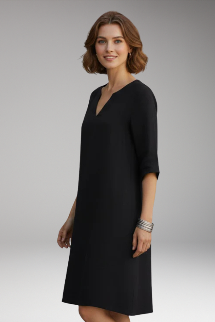 Women's Knee Length Dress with V Neck and Plain Surface