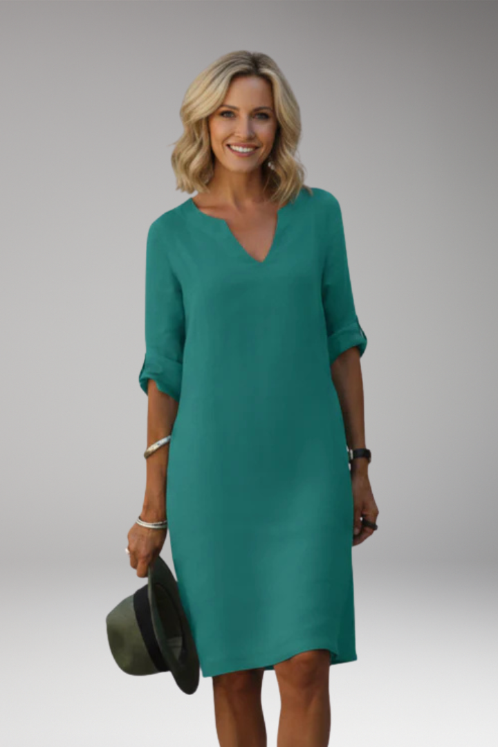 Women's Knee Length Dress with V Neck and Plain Surface