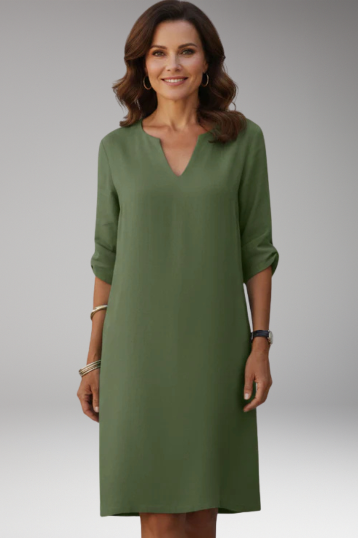 Women's Knee Length Dress with V Neck and Plain Surface