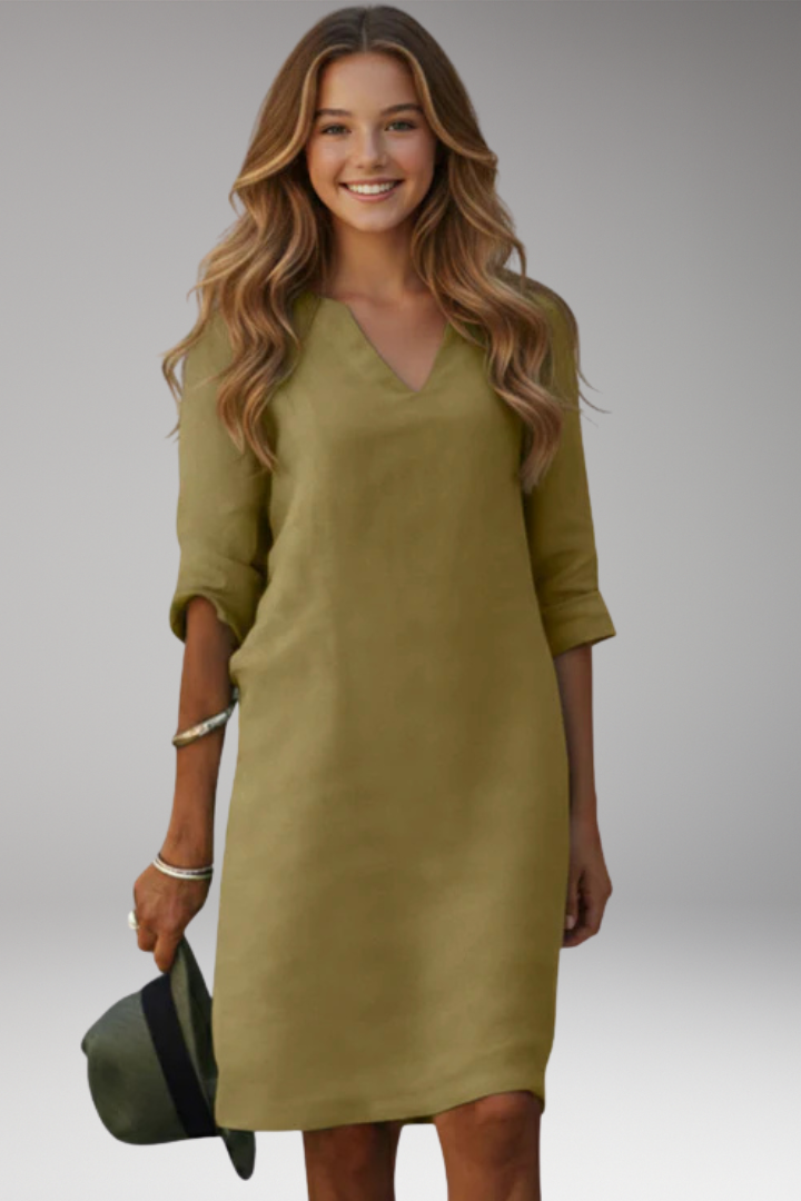 Women's Knee Length Dress with V Neck and Plain Surface