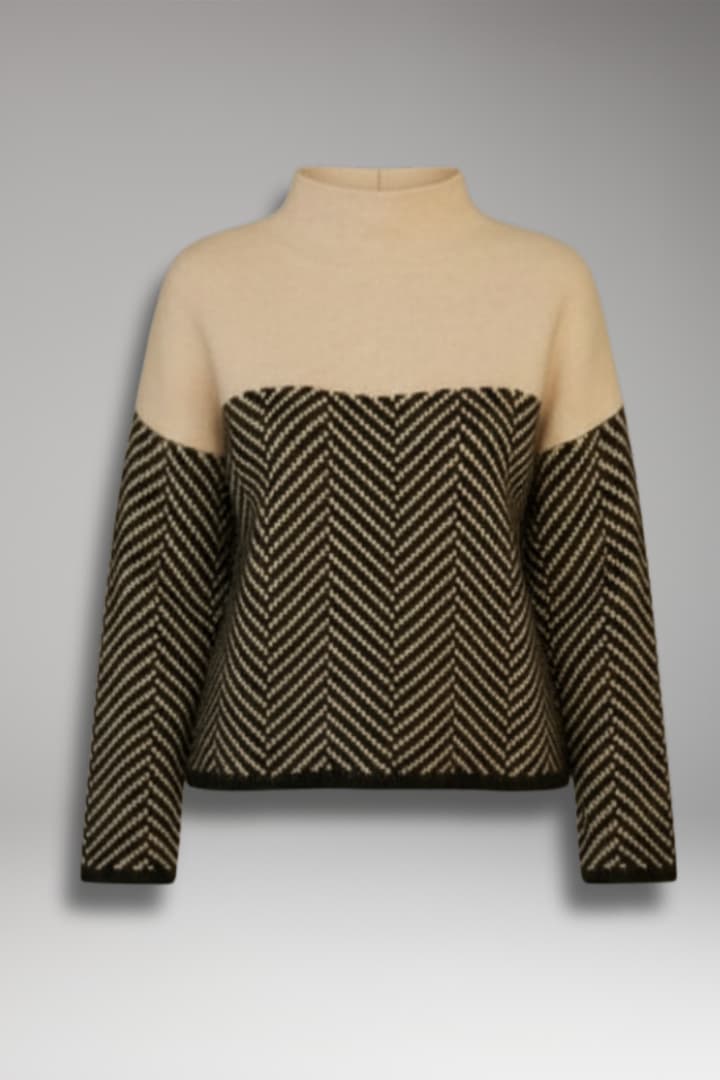 Women’s Knit Jumper with Stand Collar and Two-Tone Pattern