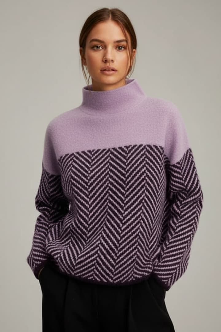 Women’s Knit Jumper with Stand Collar and Two-Tone Pattern