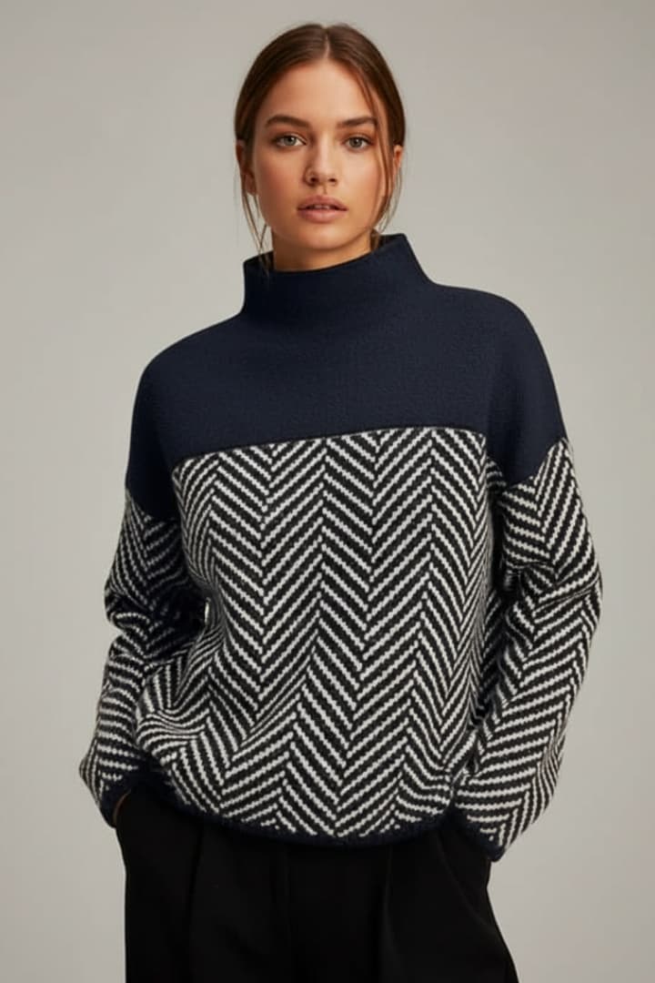 Women’s Knit Jumper with Stand Collar and Two-Tone Pattern