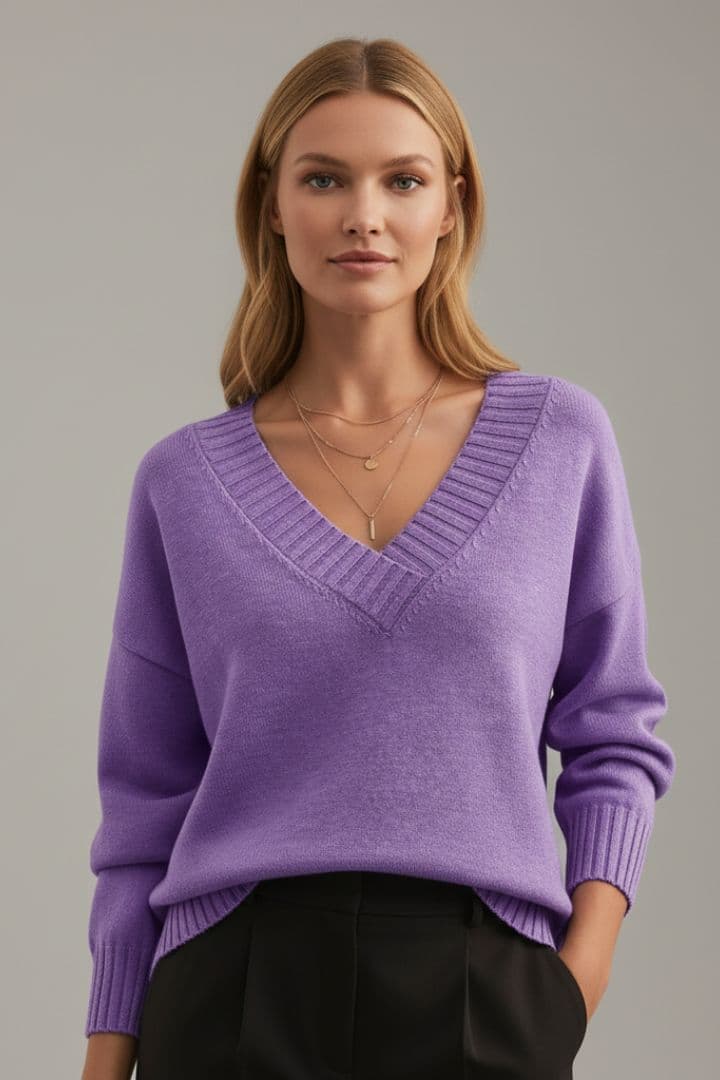 Women’s Knit Jumper with V-Neckline and Long Sleeves