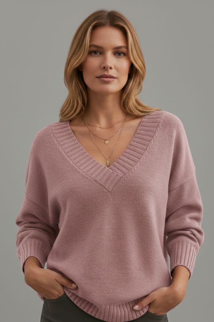 Women’s Knit Jumper with V-Neckline and Long Sleeves