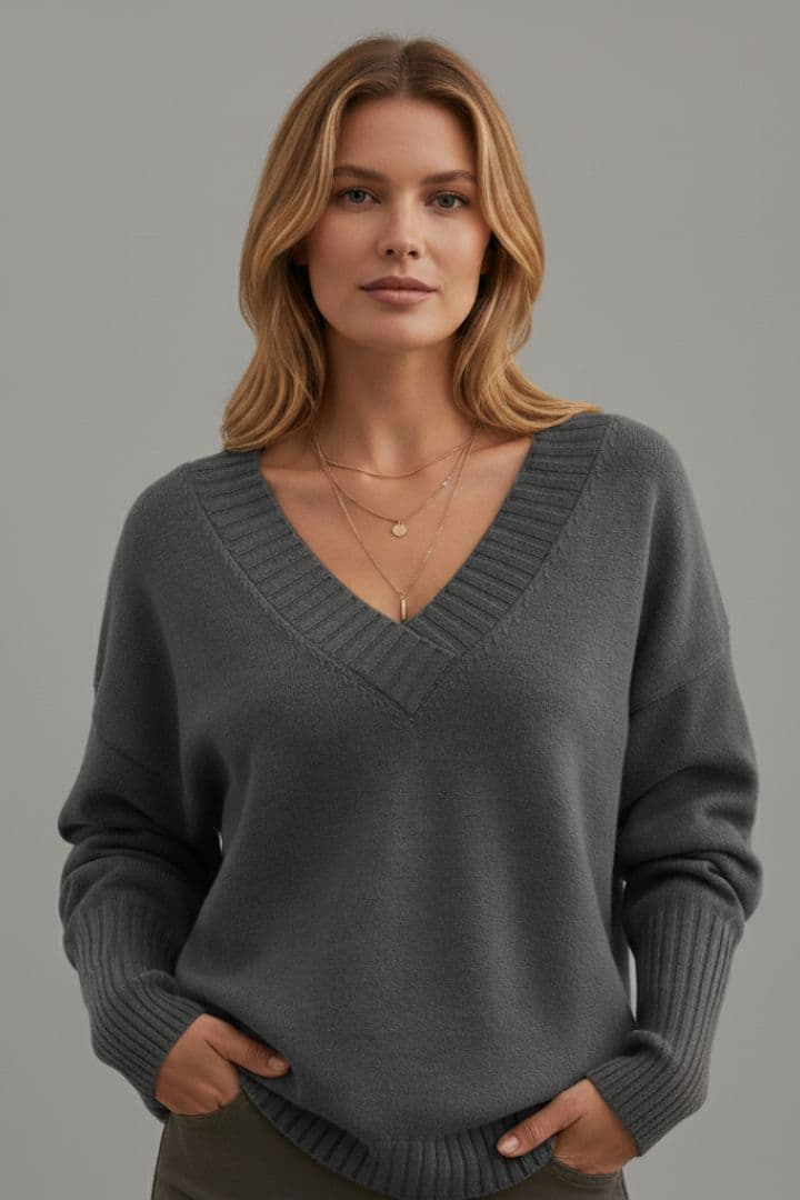Women’s Knit Jumper with V-Neckline and Long Sleeves