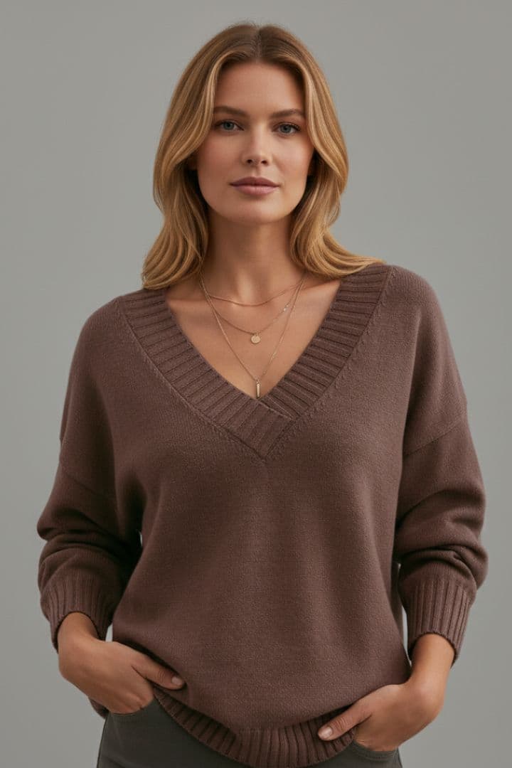 Women’s Knit Jumper with V-Neckline and Long Sleeves