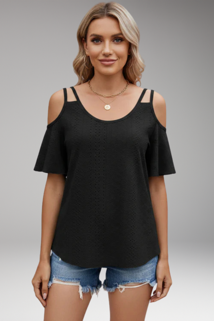 Women's Knit Top with Shoulder Cutouts and Short Sleeves