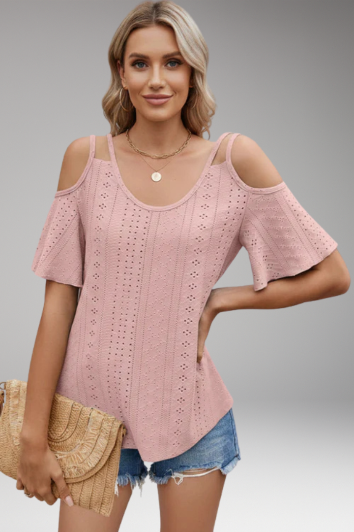 Women's Knit Top with Shoulder Cutouts and Short Sleeves