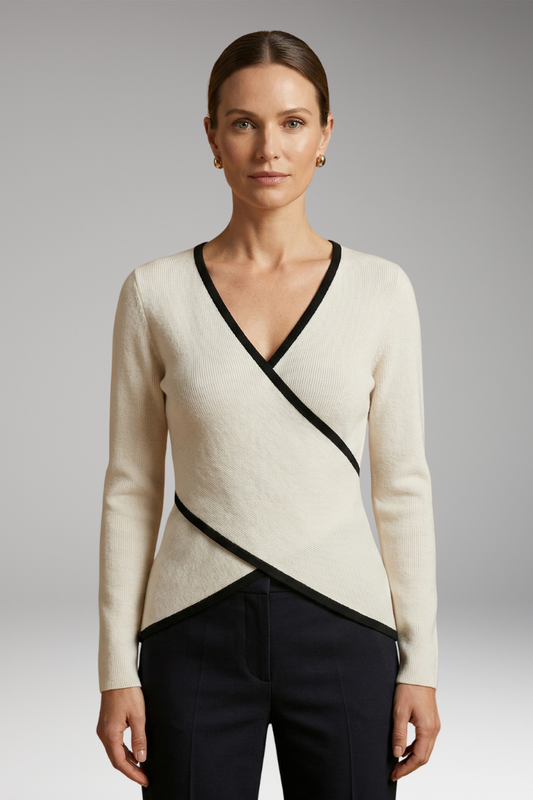 Women's Knit Top with Wrap Front and Contrasting Trim