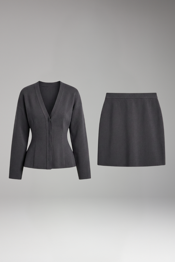Women's Knitted Set with V-Neck Cardigan and High-Waisted Skirt