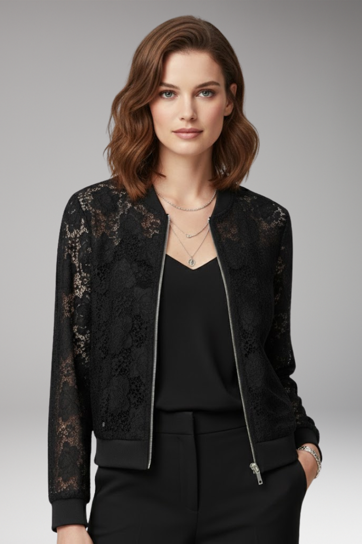 Women’s Lace Bomber Jacket with Zip and Elastic Cuffs