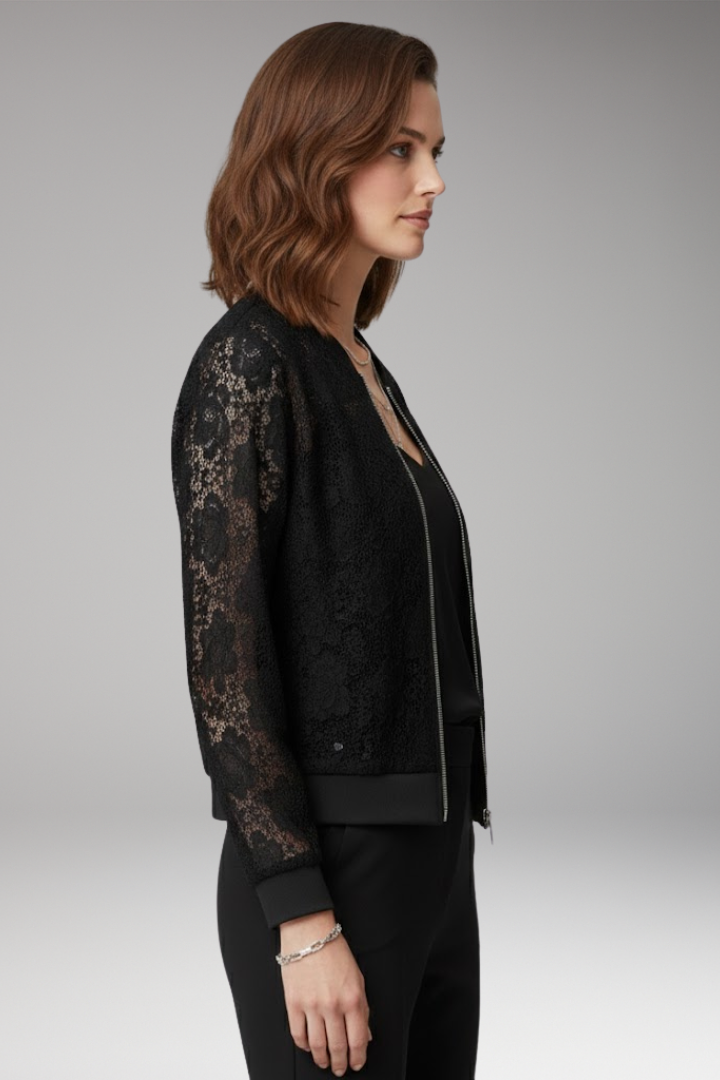 Women’s Lace Bomber Jacket with Zip and Elastic Cuffs