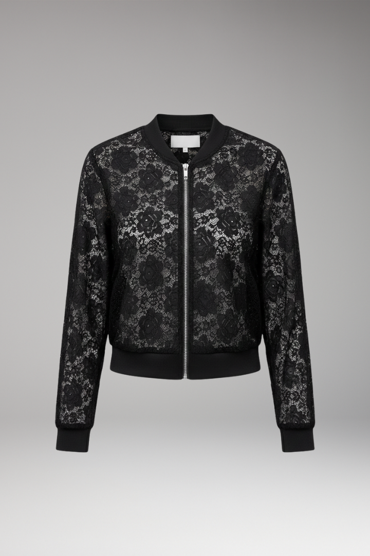 Women’s Lace Bomber Jacket with Zip and Elastic Cuffs