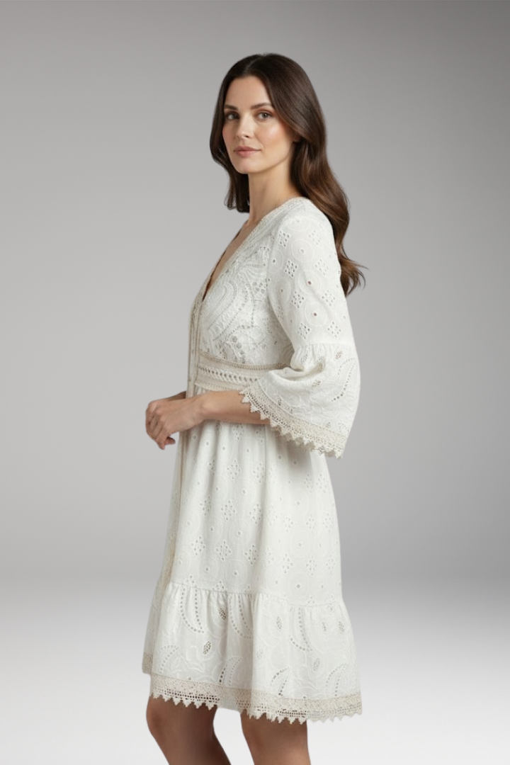 Women's Lace Dress with V Neck and Short Sleeves