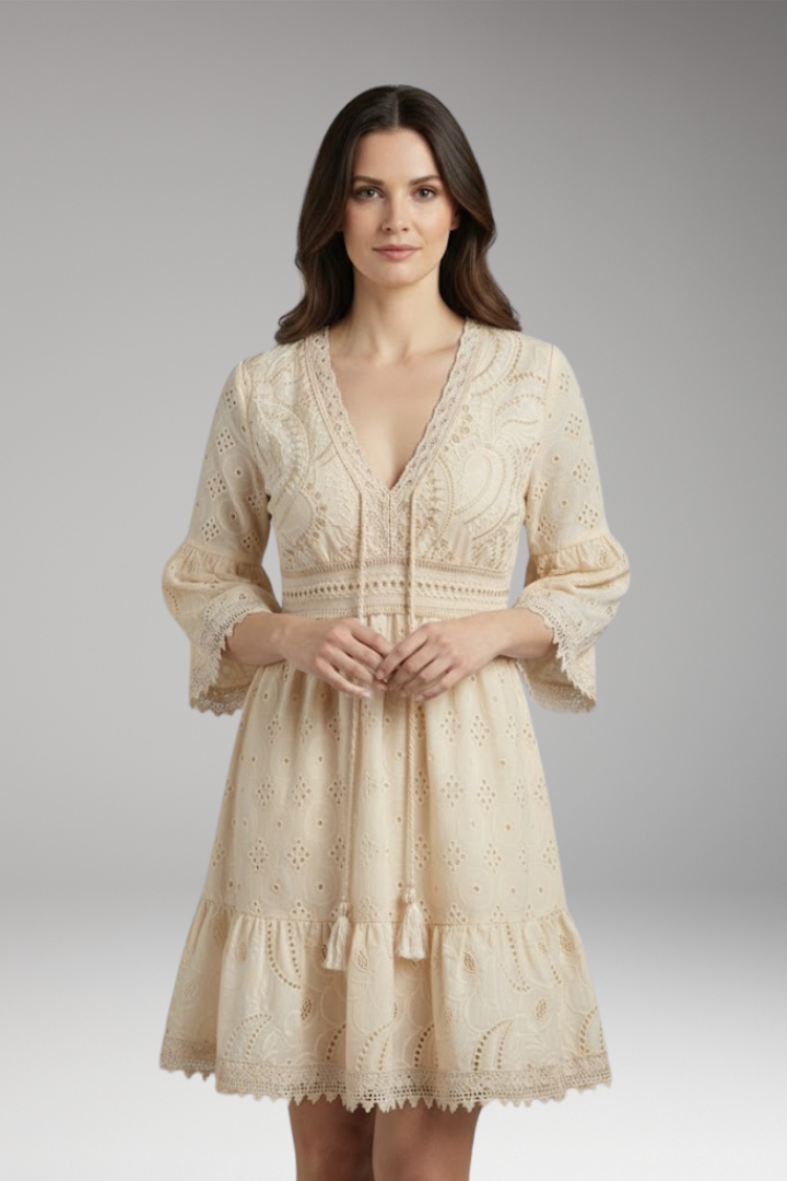 Women's Lace Dress with V Neck and Short Sleeves