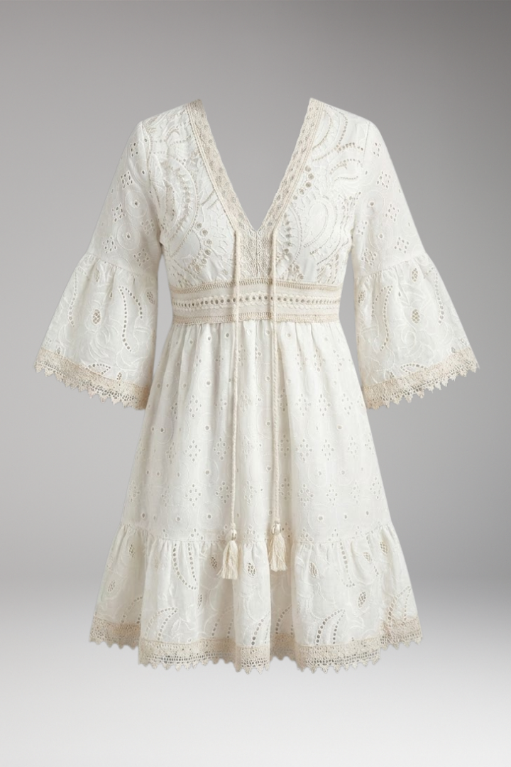 Women's Lace Dress with V Neck and Short Sleeves