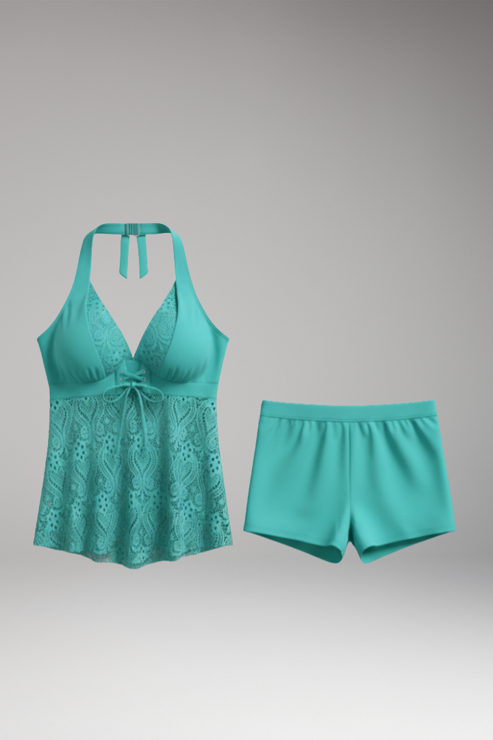 Women’s Lace Tankini Set with Halter Neck and High-Waisted Shorts