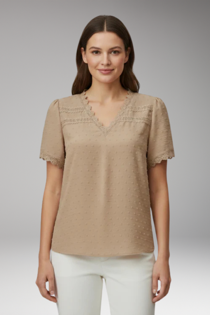 Women's Lace Top with V Neck and Short Sleeves