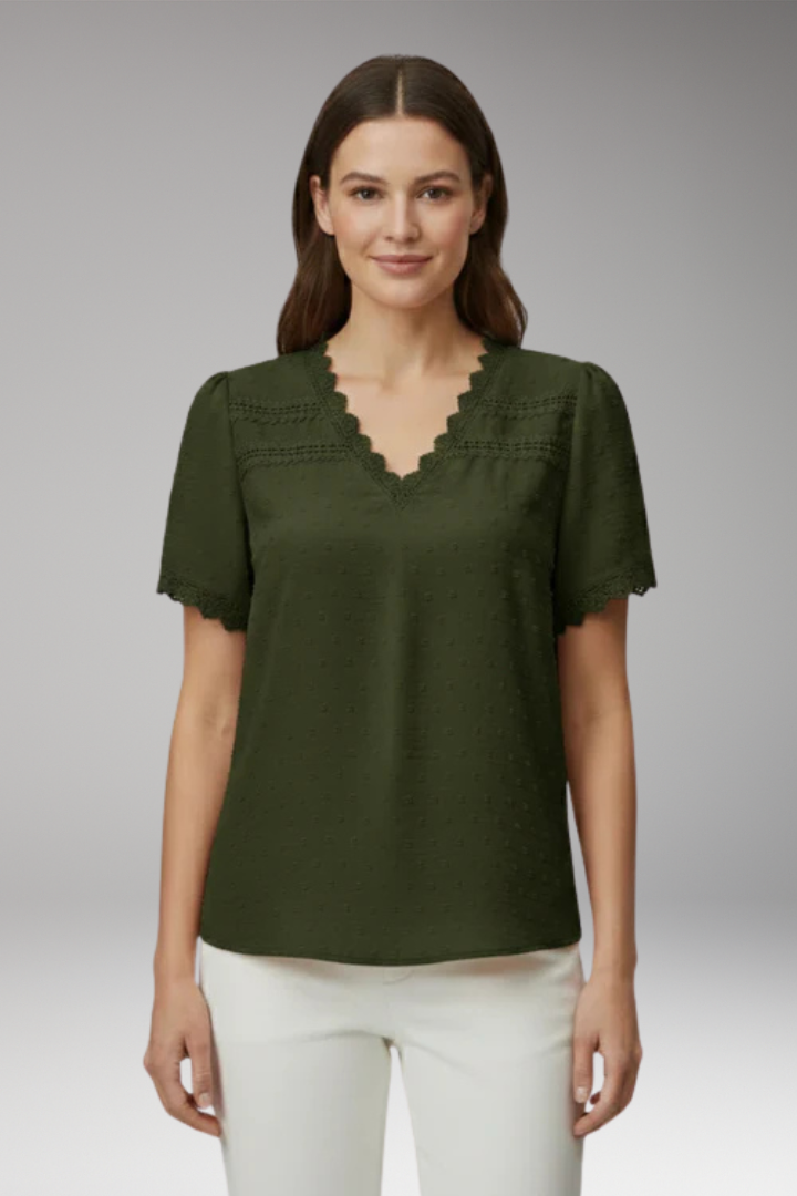 Women's Lace Top with V Neck and Short Sleeves