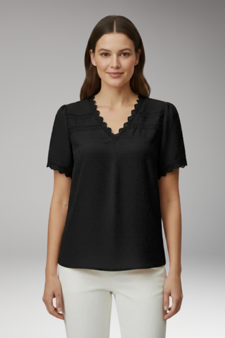 Women's Lace Top with V Neck and Short Sleeves
