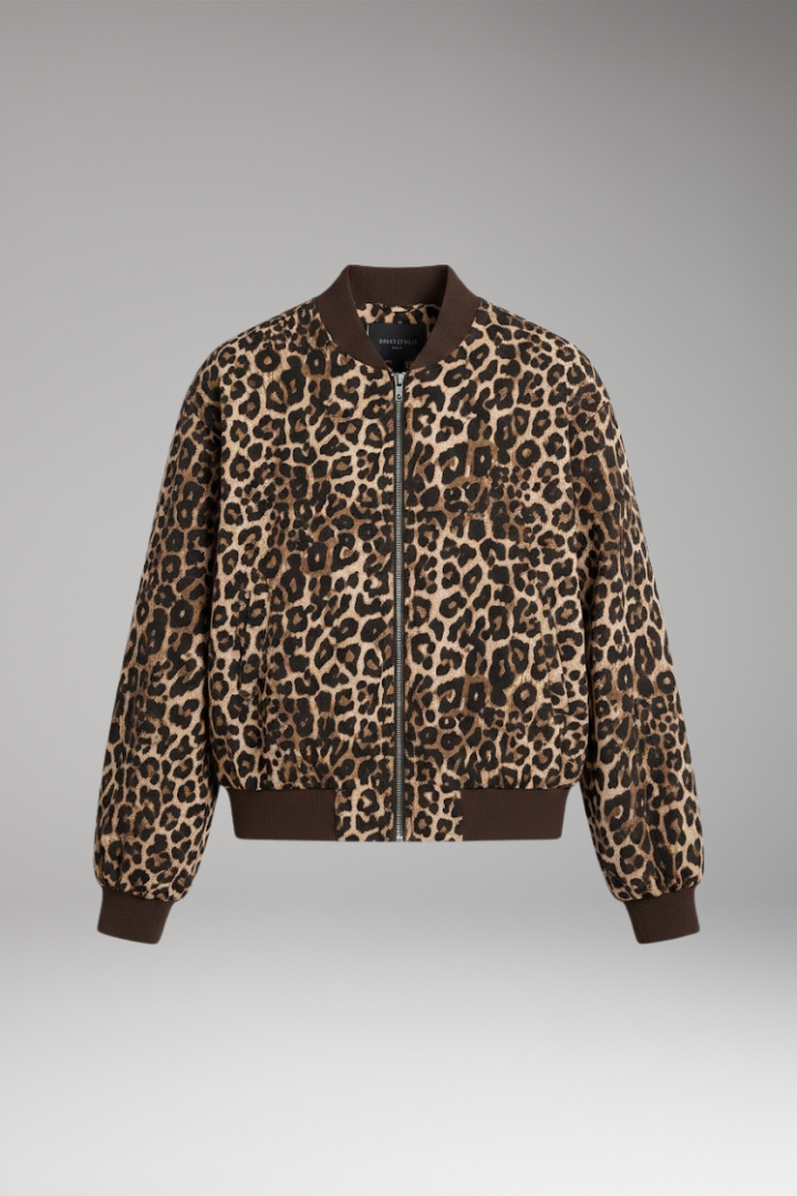 Women’s Leopard Print Bomber Jacket with Zip Closure