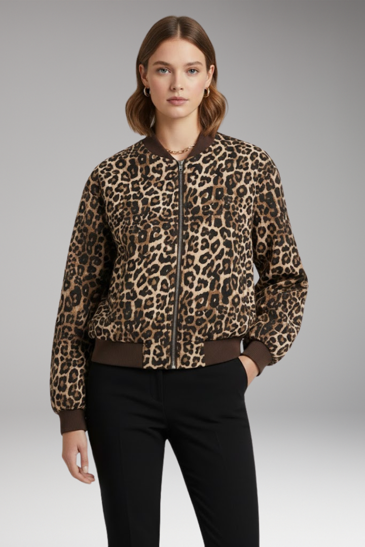 Women’s Leopard Print Bomber Jacket with Zip Closure