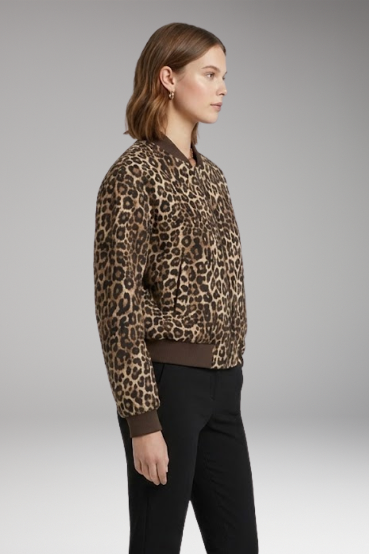Women’s Leopard Print Bomber Jacket with Zip Closure