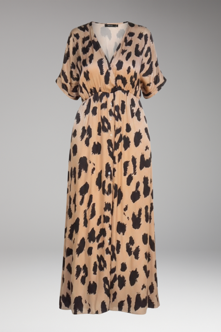 Women's Leopard Print Dress with V-Neck and Extra Wide Skirt