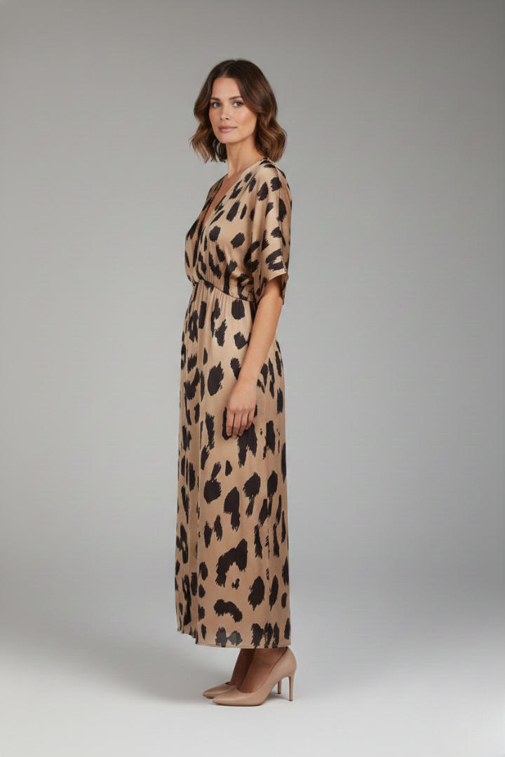 Women's Leopard Print Dress with V-Neck and Extra Wide Skirt