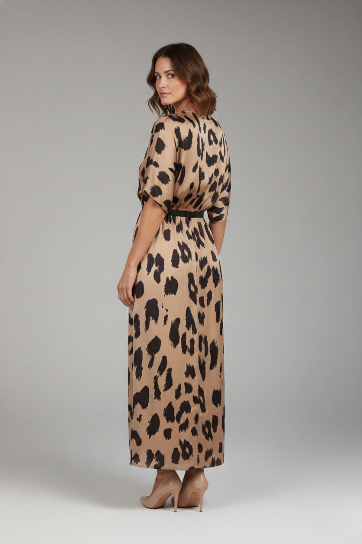 Women's Leopard Print Dress with V-Neck and Extra Wide Skirt